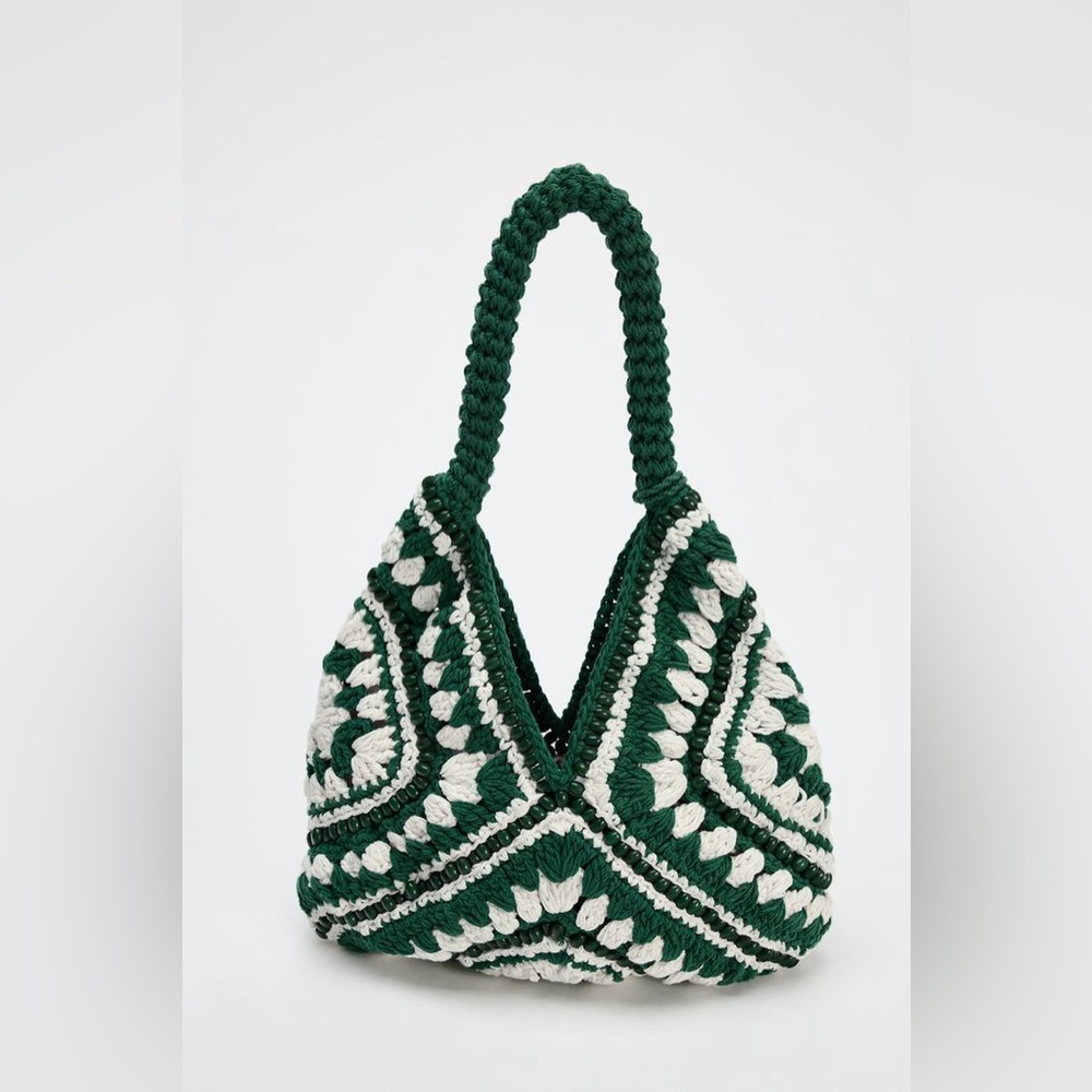 ZARA Green & White Crochet Beaded Bucket Bag With Charms.